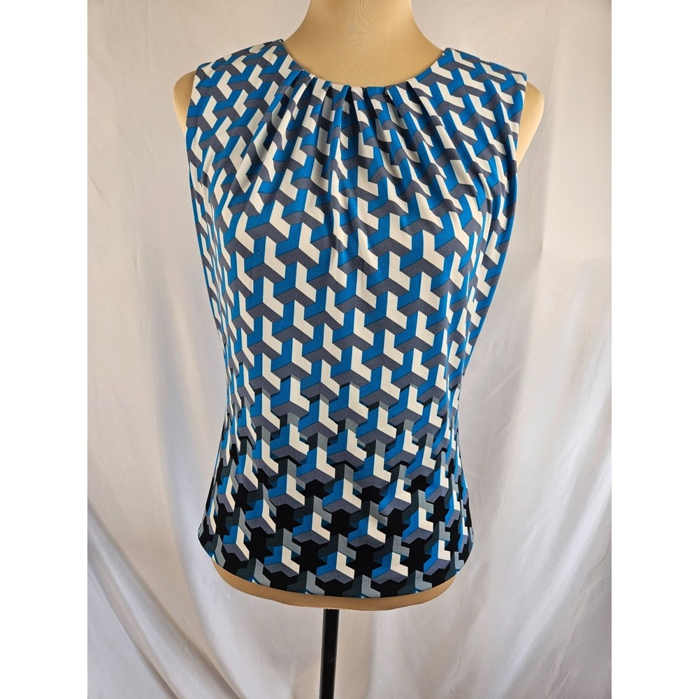 Calvin Klein Sleeveless Shell Top Blue Geometric Pleated Neck Career Blouse